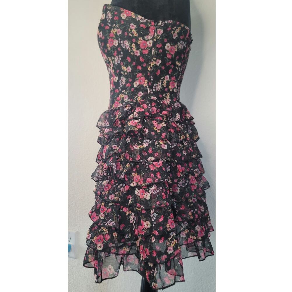 Vintage 90s Black Floral Cottage Strapless Corset Dress Tiered Chiffon Ruffles 5 - Picture 4 of 8